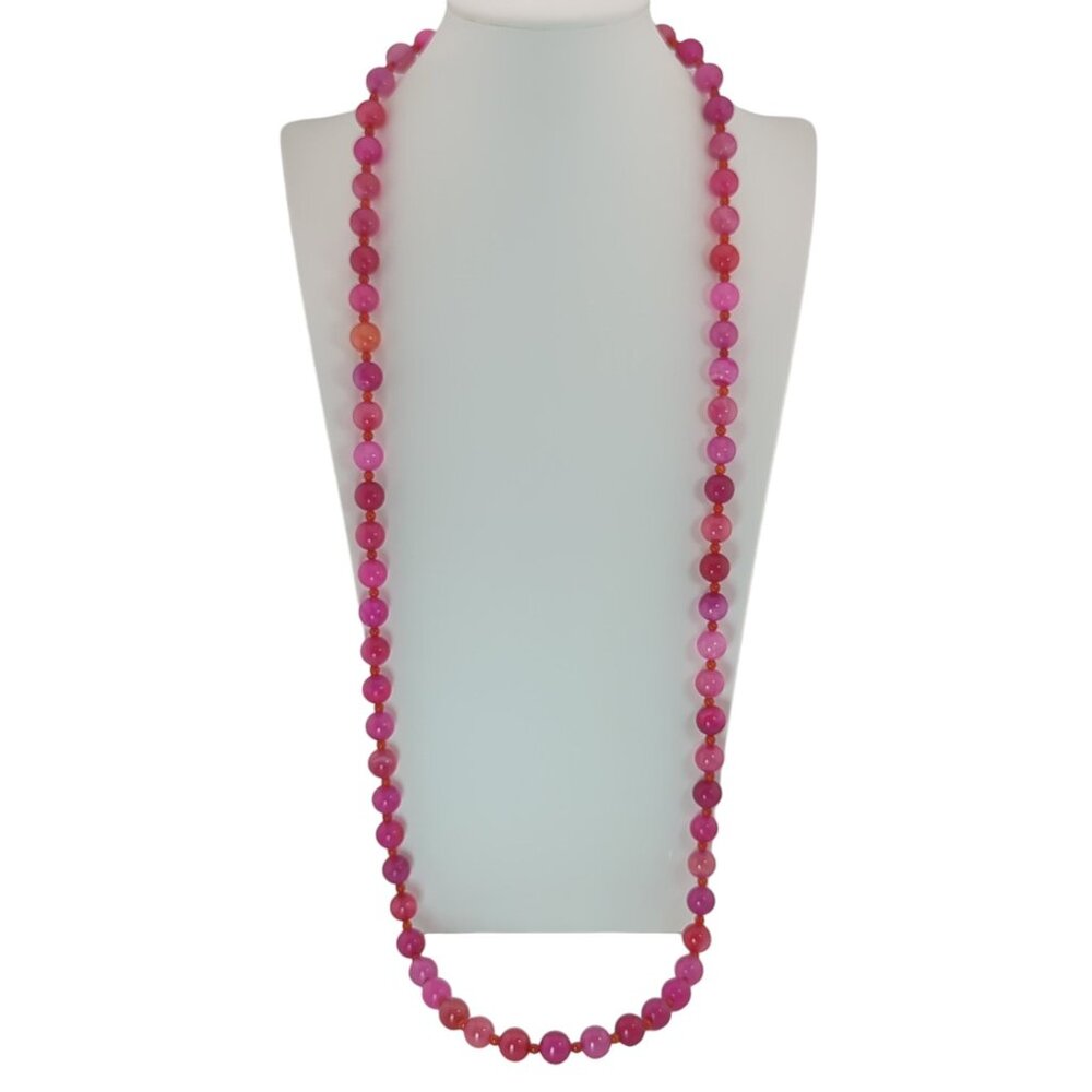 Jay King Bright Pink Agate Bead Sterling Necklace HSN 42" Fuchsia Red DRT Round